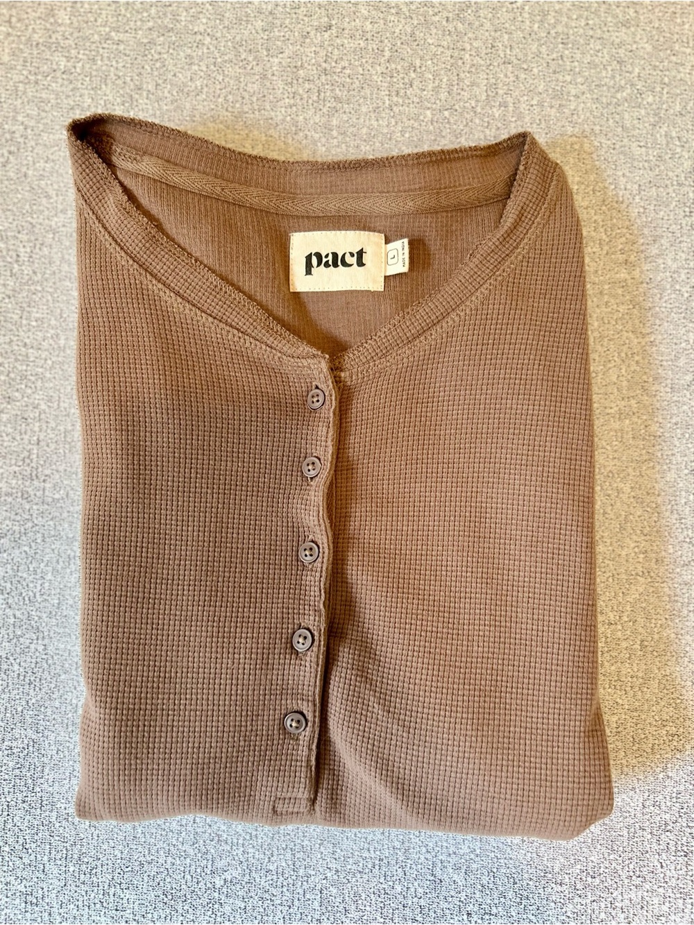 Pact Organic Cotton Waffle Knit Henley Brown Taupe L GOTS Thermal Earthtone